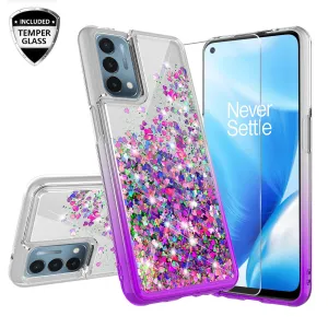 OnePlus Nord N200 5G Case Liquid Glitter Phone Case Waterfall Floating Quicksand Bling Sparkle Cute Protective Girls Women Cover for OnePlus Nord N200 5G W/Temper Glass - Purple