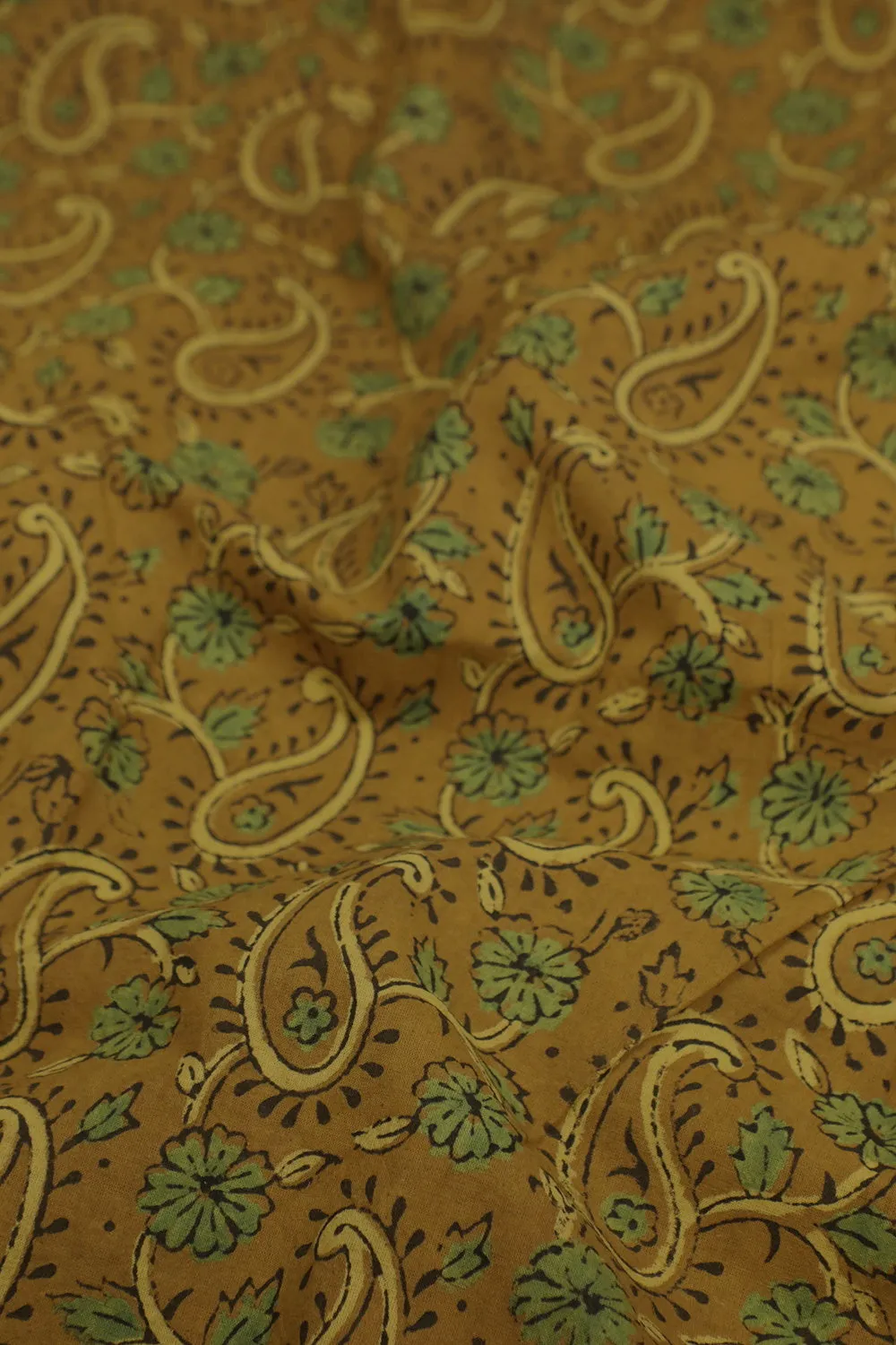 Paisley & Florals on Yellow Block Printed Ajrak Cotton Fabric - 0.5m