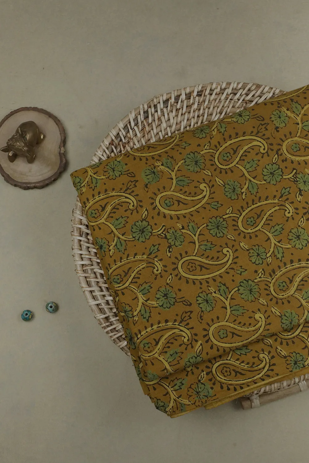 Paisley & Florals on Yellow Block Printed Ajrak Cotton Fabric - 0.5m