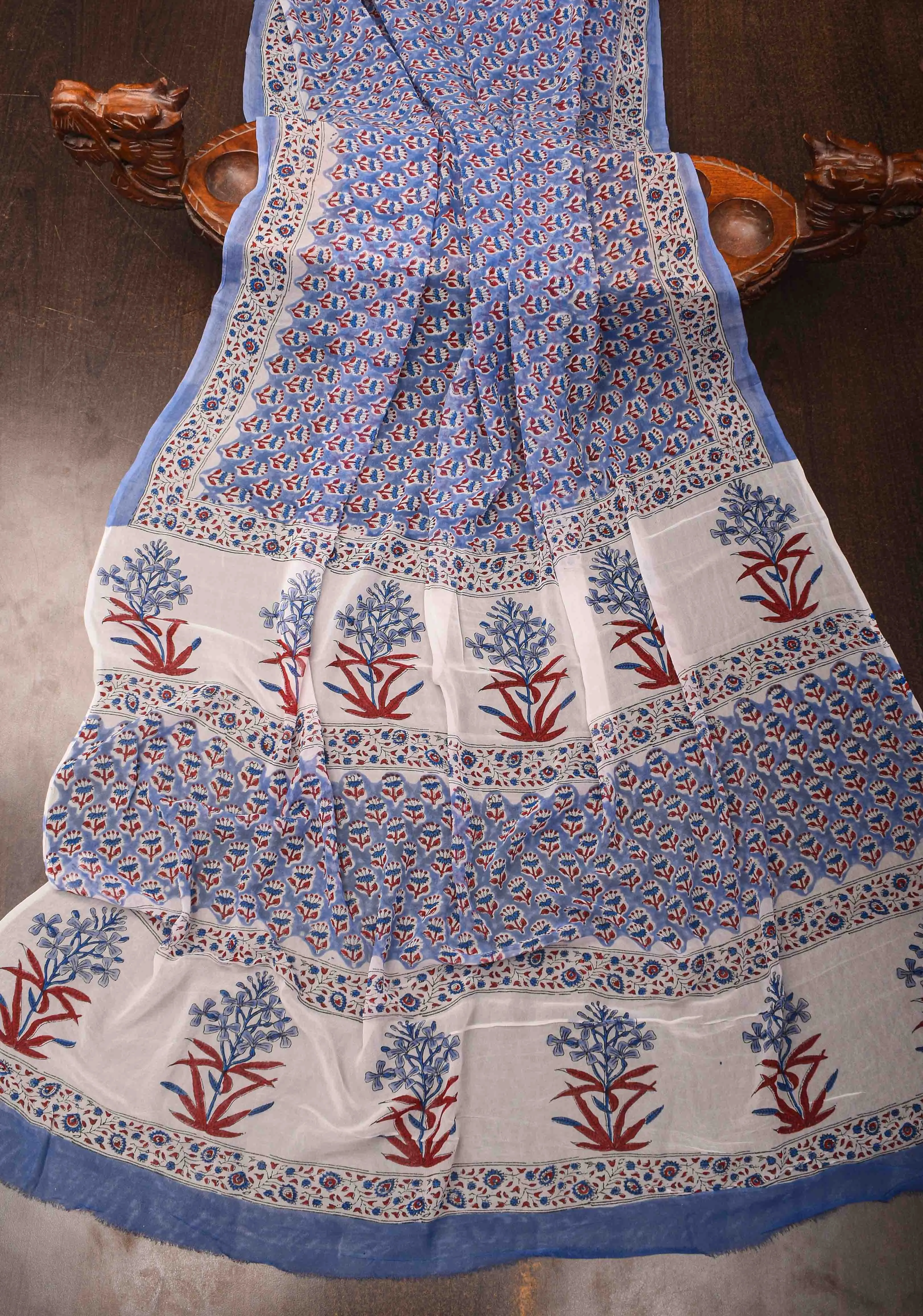 Periwinkle Georgette Saree with Sanganeri Hand Block Print