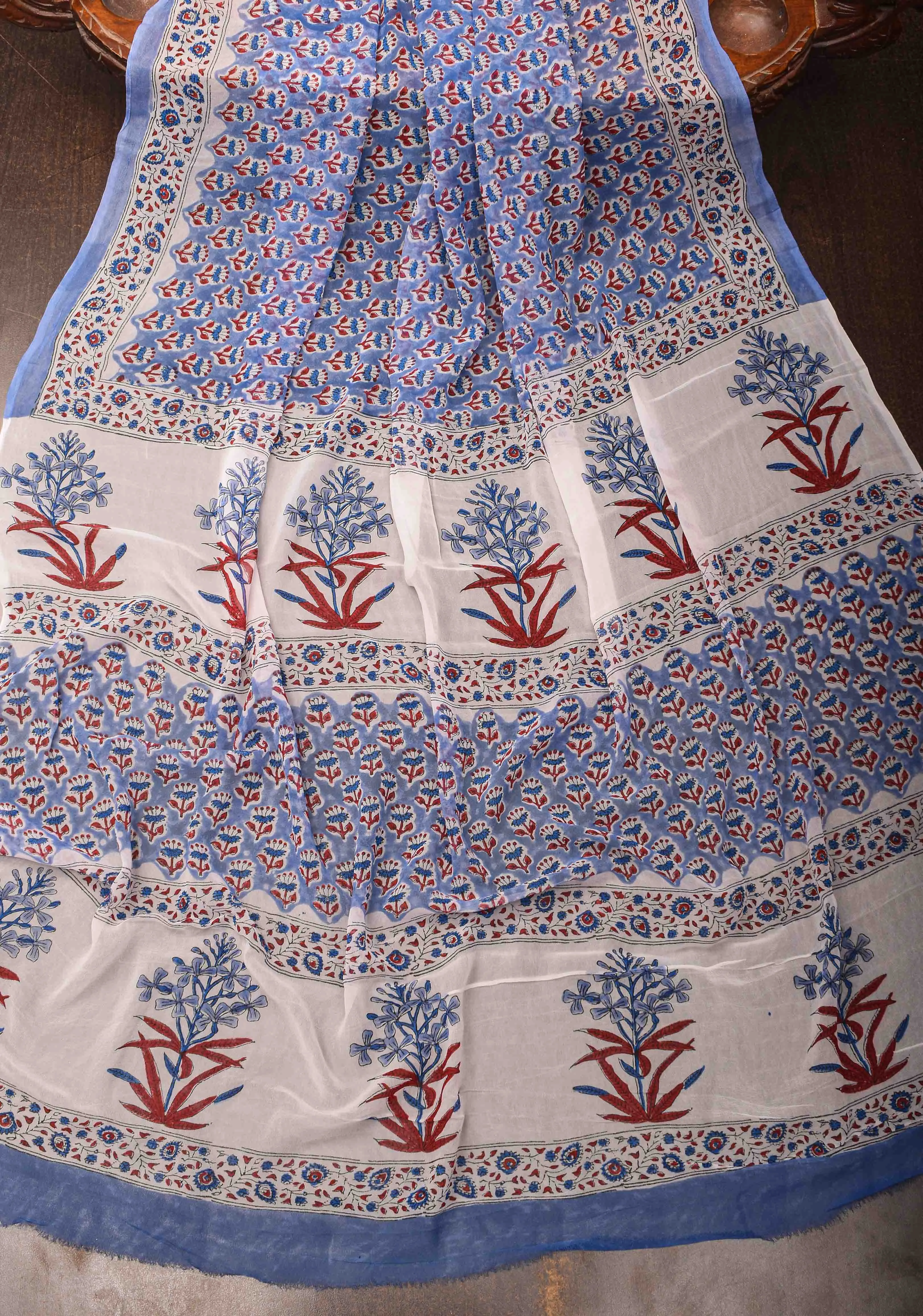 Periwinkle Georgette Saree with Sanganeri Hand Block Print