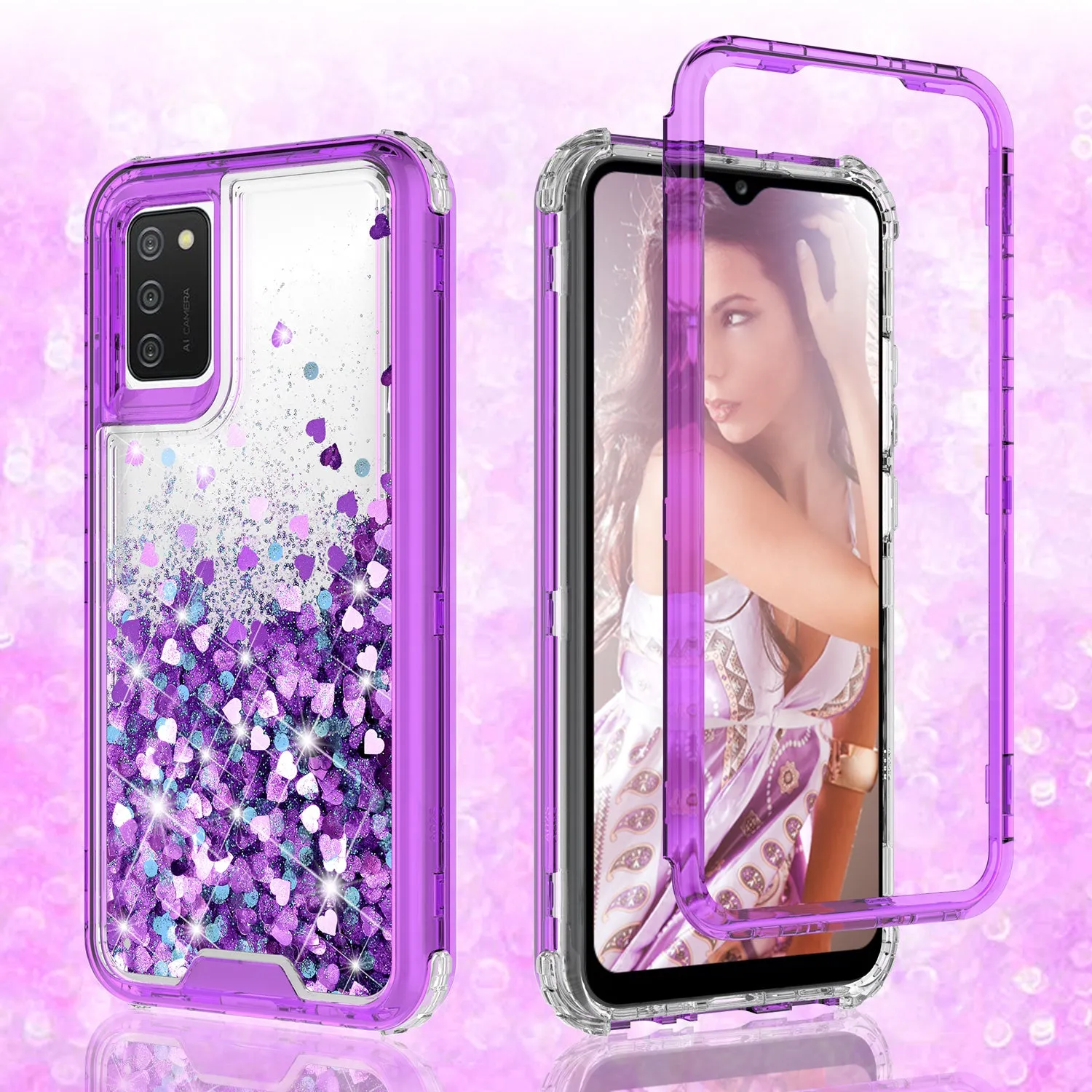 Samsung Galaxy A02s Case,Hard Clear Glitter Sparkle Flowing Liquid Heavy Duty Shockproof Three Layer Protective Bling Girls Women Cases for Samsung Galaxy A02s - Purple