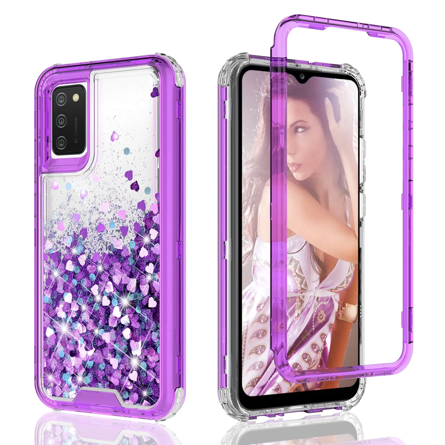Samsung Galaxy A02s Case,Hard Clear Glitter Sparkle Flowing Liquid Heavy Duty Shockproof Three Layer Protective Bling Girls Women Cases for Samsung Galaxy A02s - Purple