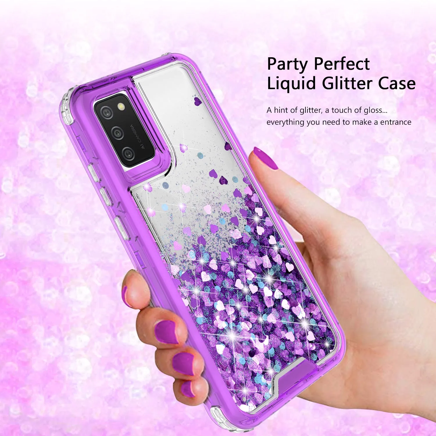 Samsung Galaxy A02s Case,Hard Clear Glitter Sparkle Flowing Liquid Heavy Duty Shockproof Three Layer Protective Bling Girls Women Cases for Samsung Galaxy A02s - Purple
