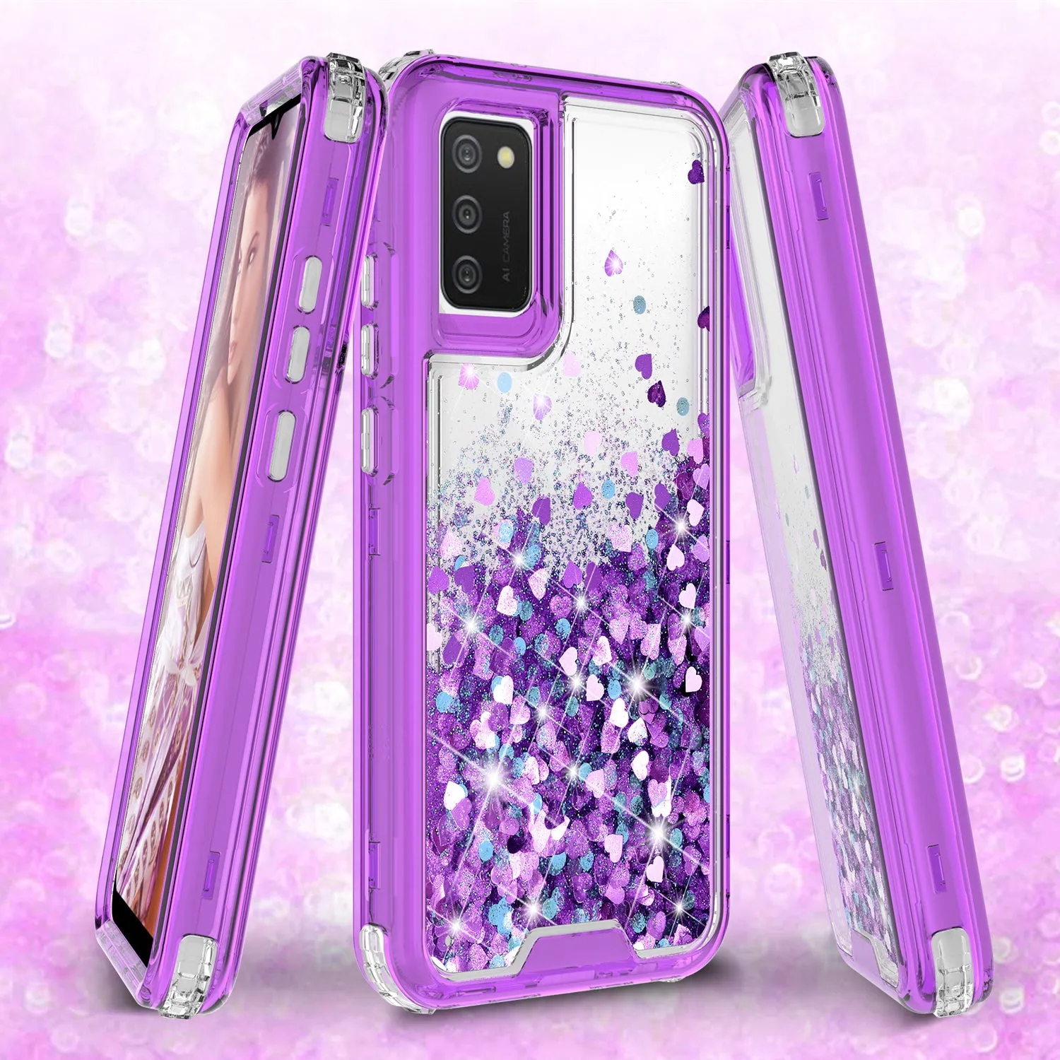 Samsung Galaxy A02s Case,Hard Clear Glitter Sparkle Flowing Liquid Heavy Duty Shockproof Three Layer Protective Bling Girls Women Cases for Samsung Galaxy A02s - Purple