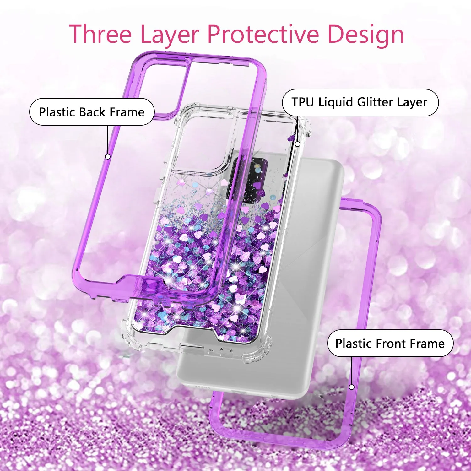 Samsung Galaxy A02s Case,Hard Clear Glitter Sparkle Flowing Liquid Heavy Duty Shockproof Three Layer Protective Bling Girls Women Cases for Samsung Galaxy A02s - Purple