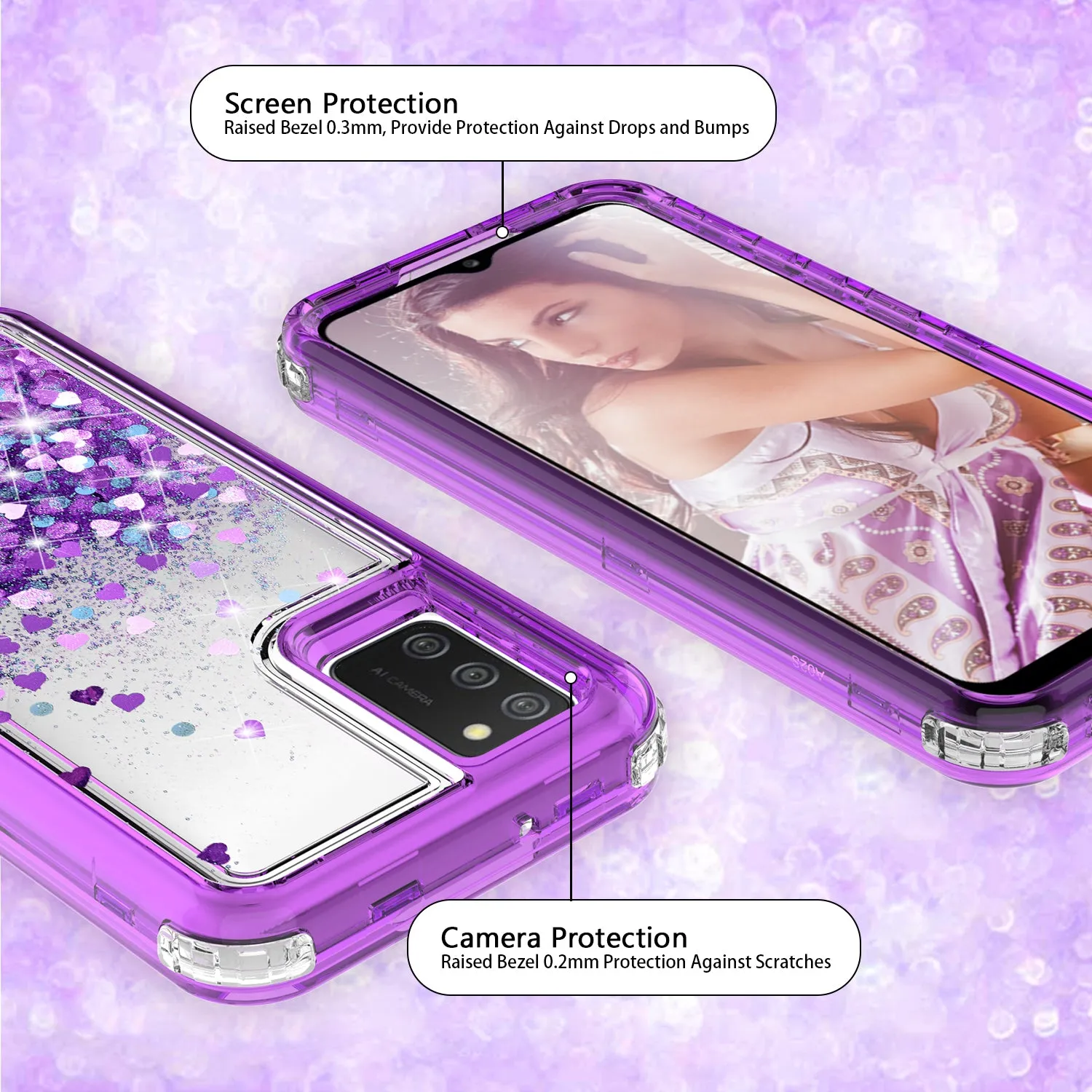 Samsung Galaxy A02s Case,Hard Clear Glitter Sparkle Flowing Liquid Heavy Duty Shockproof Three Layer Protective Bling Girls Women Cases for Samsung Galaxy A02s - Purple