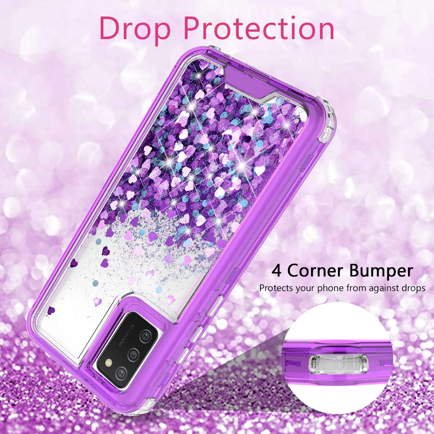 Samsung Galaxy A02s Case,Hard Clear Glitter Sparkle Flowing Liquid Heavy Duty Shockproof Three Layer Protective Bling Girls Women Cases for Samsung Galaxy A02s - Purple