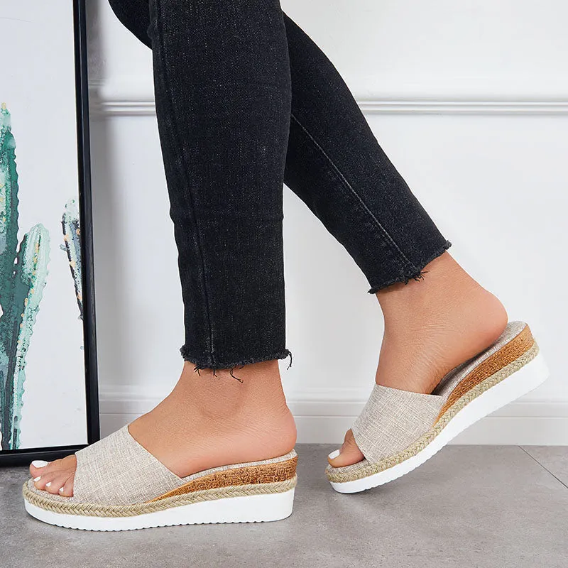 Sohiwoo Women Open Toe Platform Espadrille Sandals Slip on Cork Wedges Slides