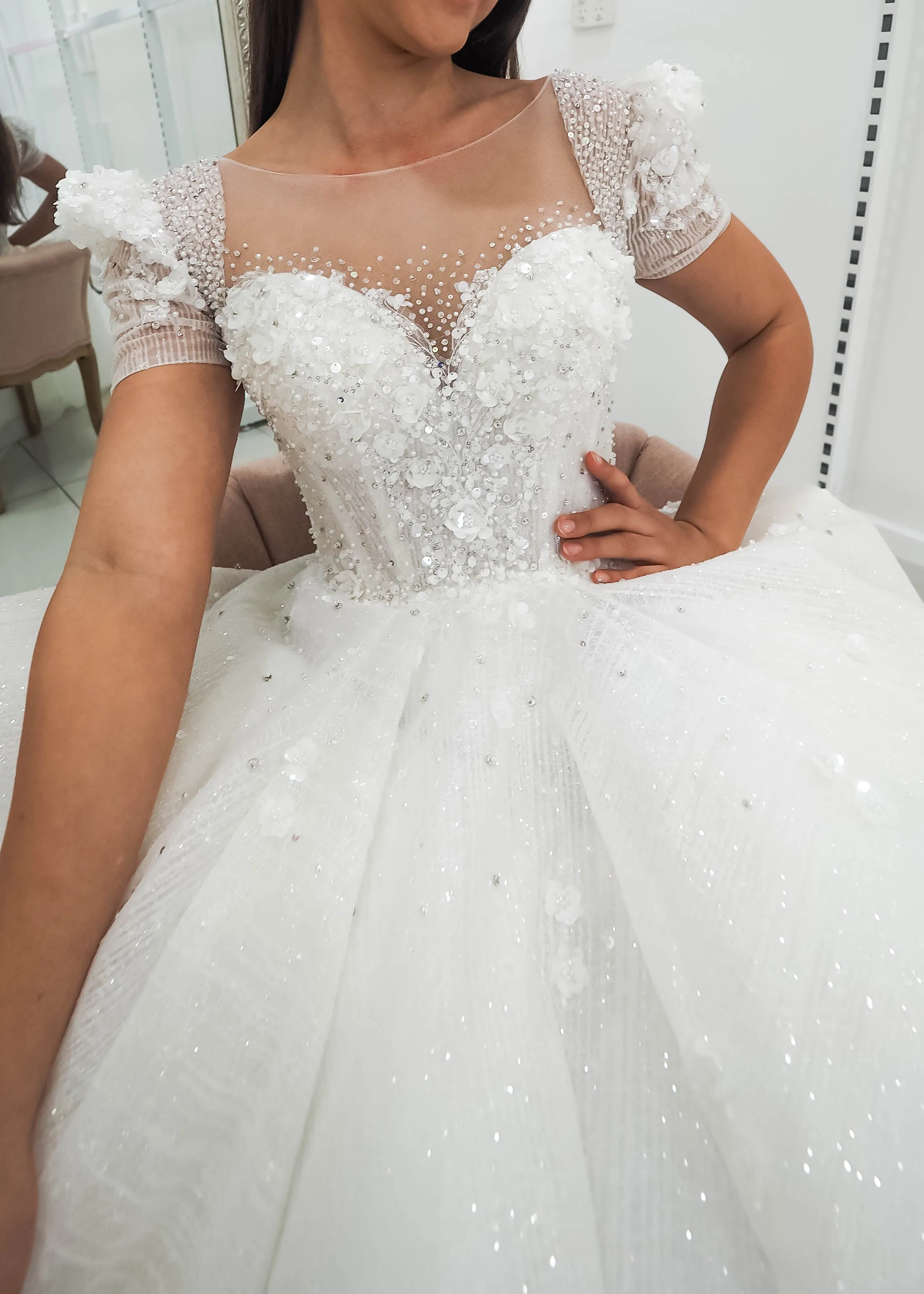 White Flowery lace with 3D flowers Wedding Dress with short shoulder sleeves