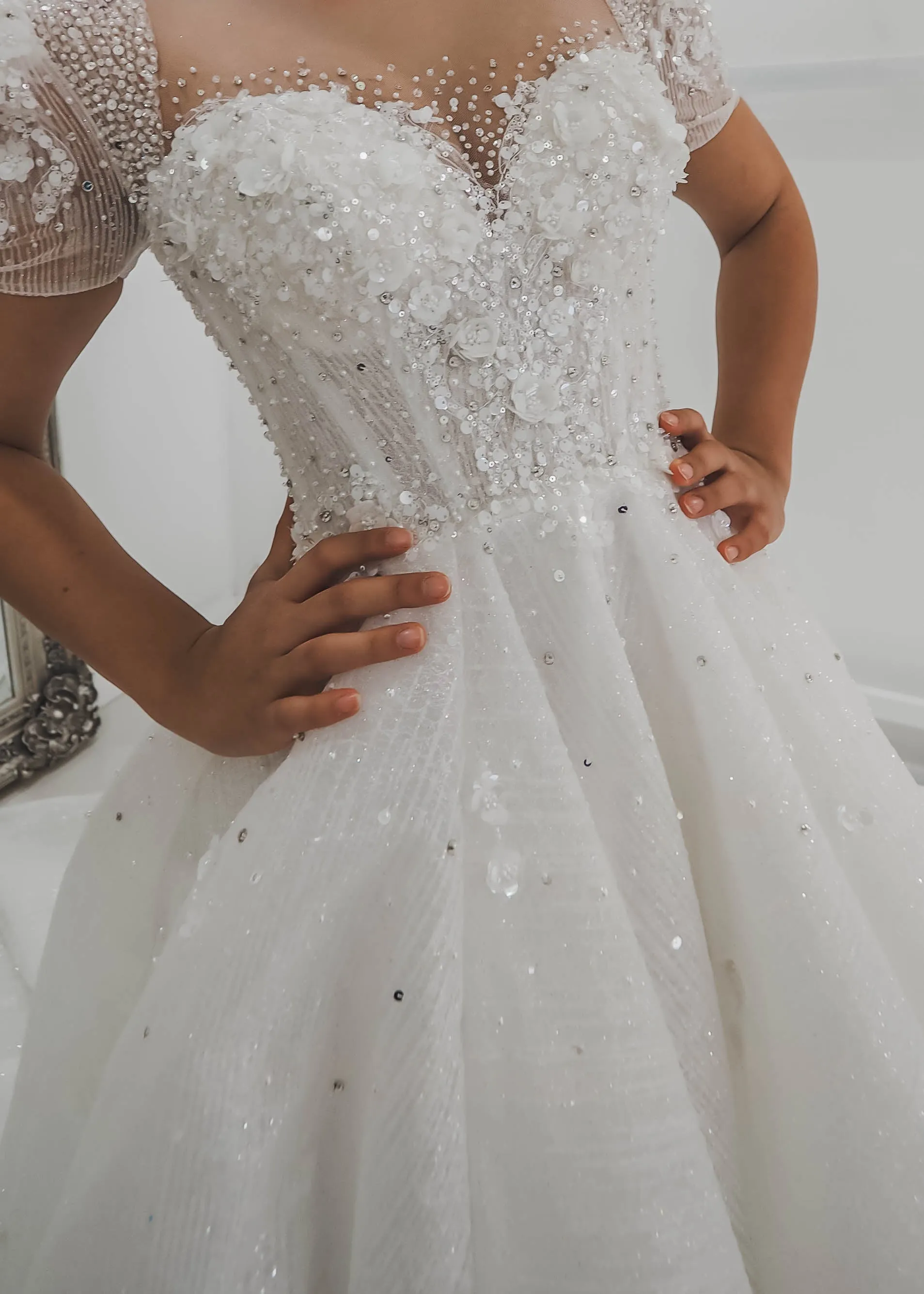 White Flowery lace with 3D flowers Wedding Dress with short shoulder sleeves