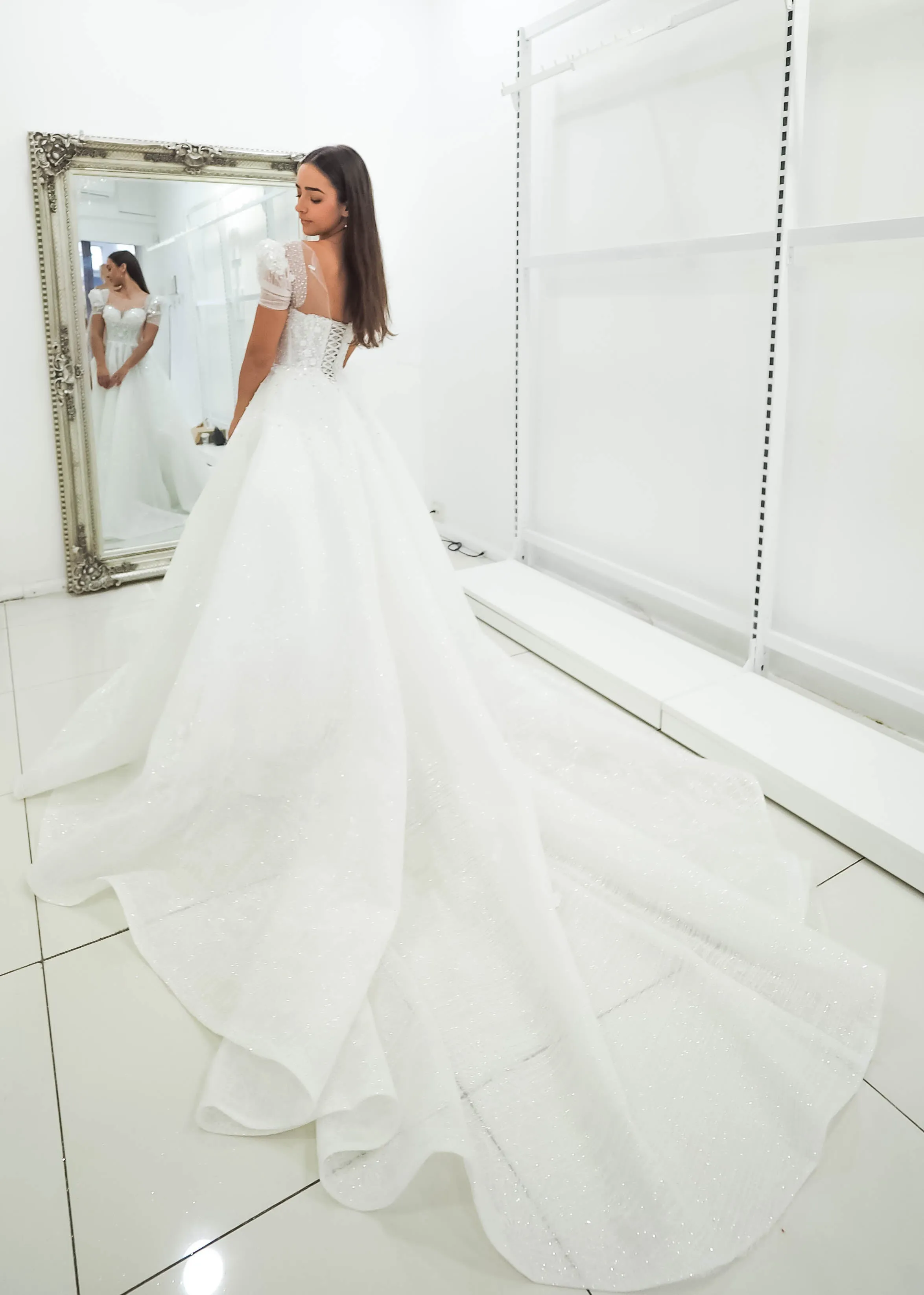 White Flowery lace with 3D flowers Wedding Dress with short shoulder sleeves