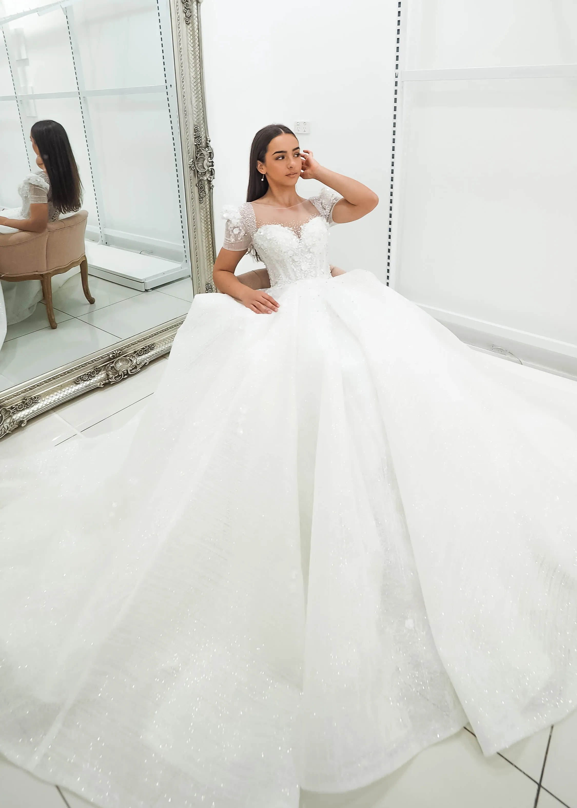 White Flowery lace with 3D flowers Wedding Dress with short shoulder sleeves