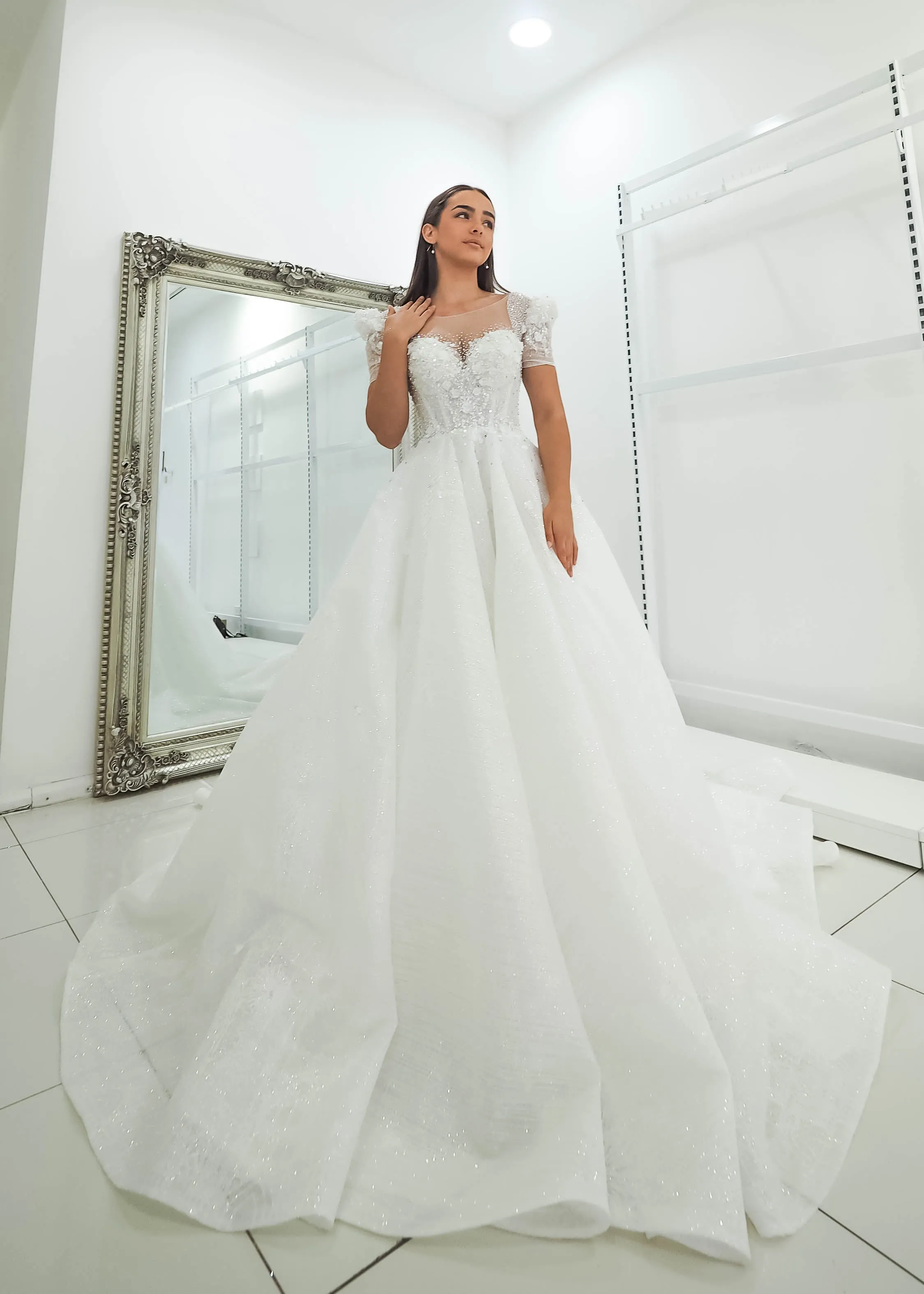 White Flowery lace with 3D flowers Wedding Dress with short shoulder sleeves