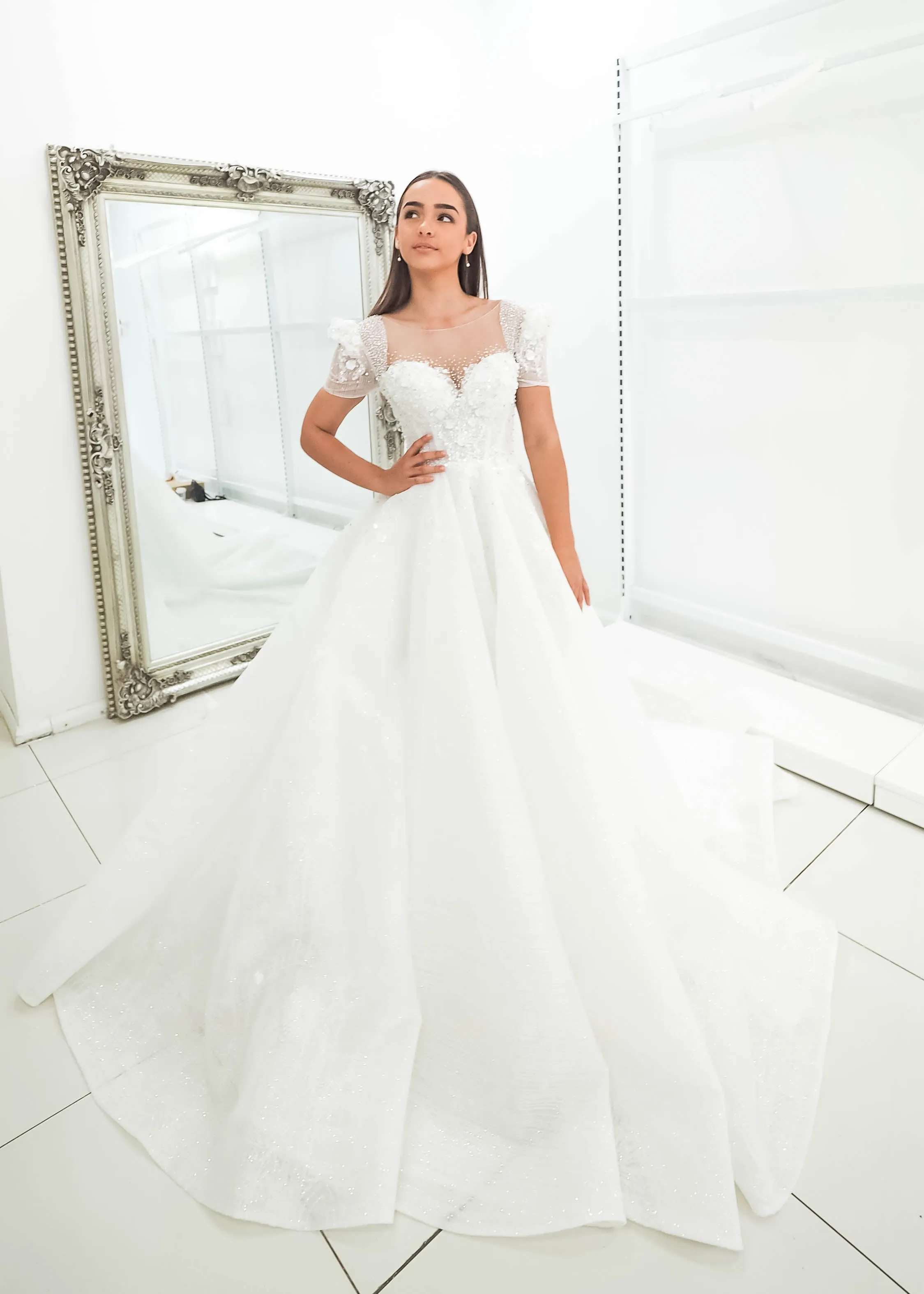 White Flowery lace with 3D flowers Wedding Dress with short shoulder sleeves