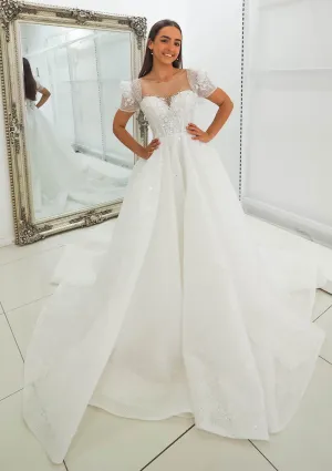 White Flowery lace with 3D flowers Wedding Dress with short shoulder sleeves