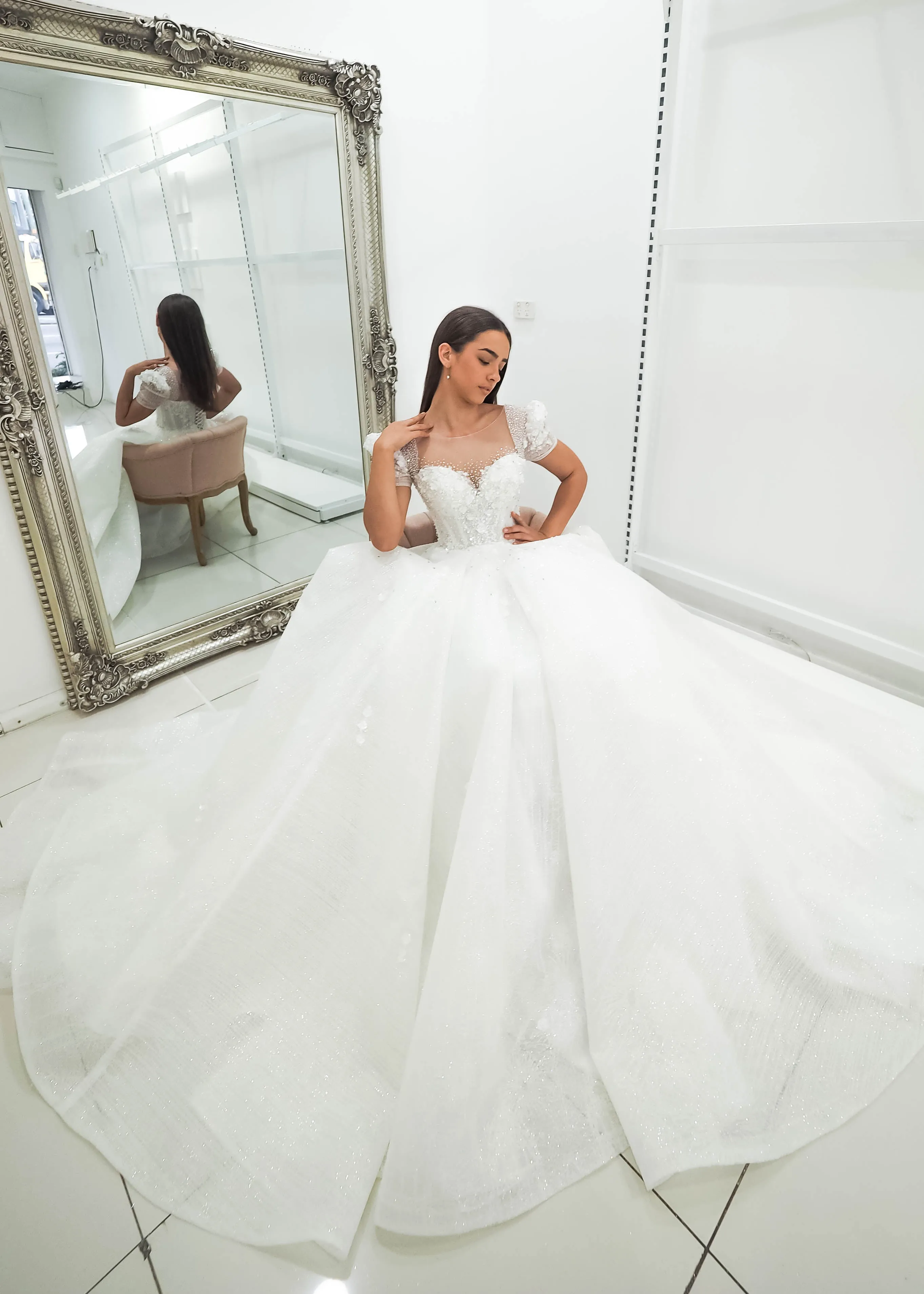 White Flowery lace with 3D flowers Wedding Dress with short shoulder sleeves