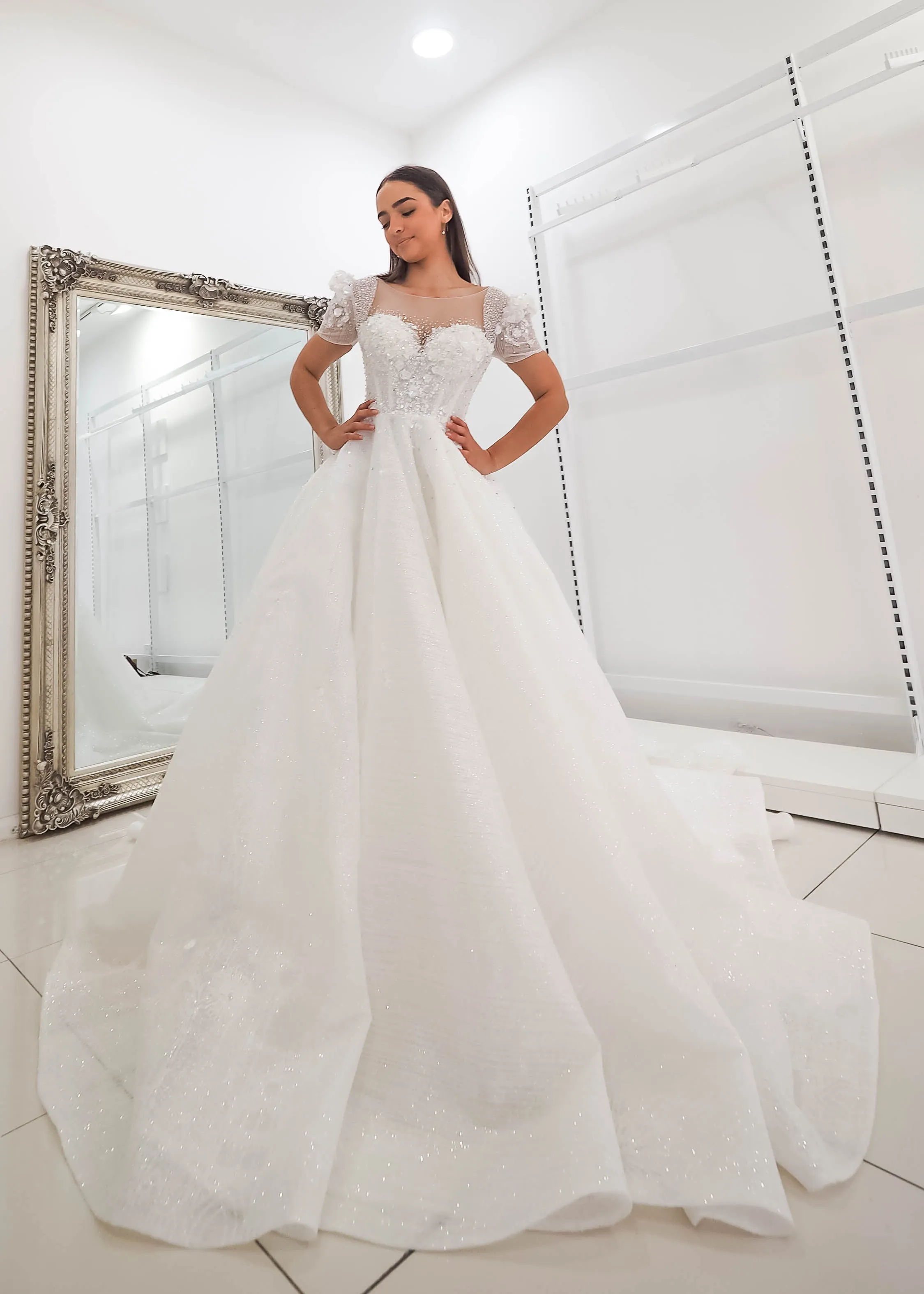 White Flowery lace with 3D flowers Wedding Dress with short shoulder sleeves