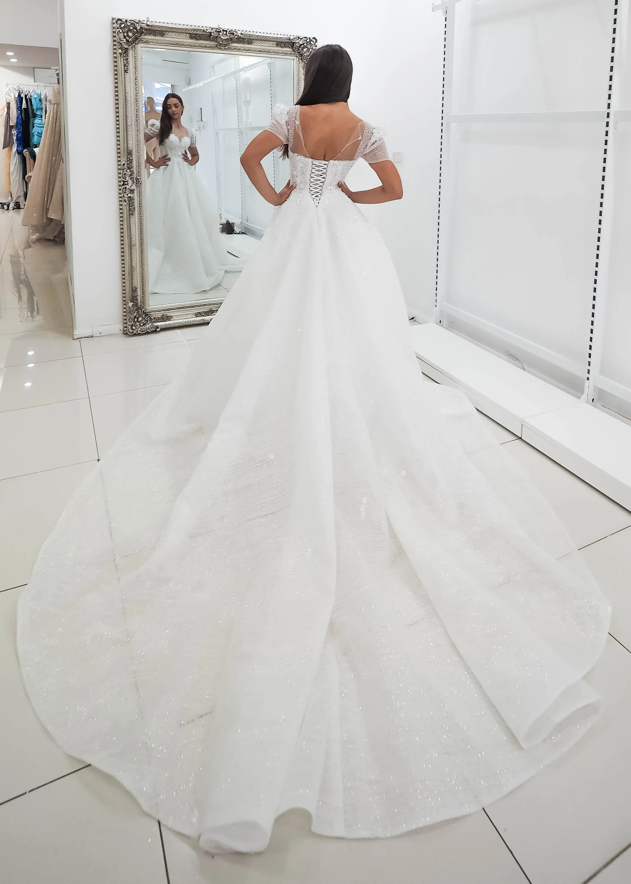 White Flowery lace with 3D flowers Wedding Dress with short shoulder sleeves