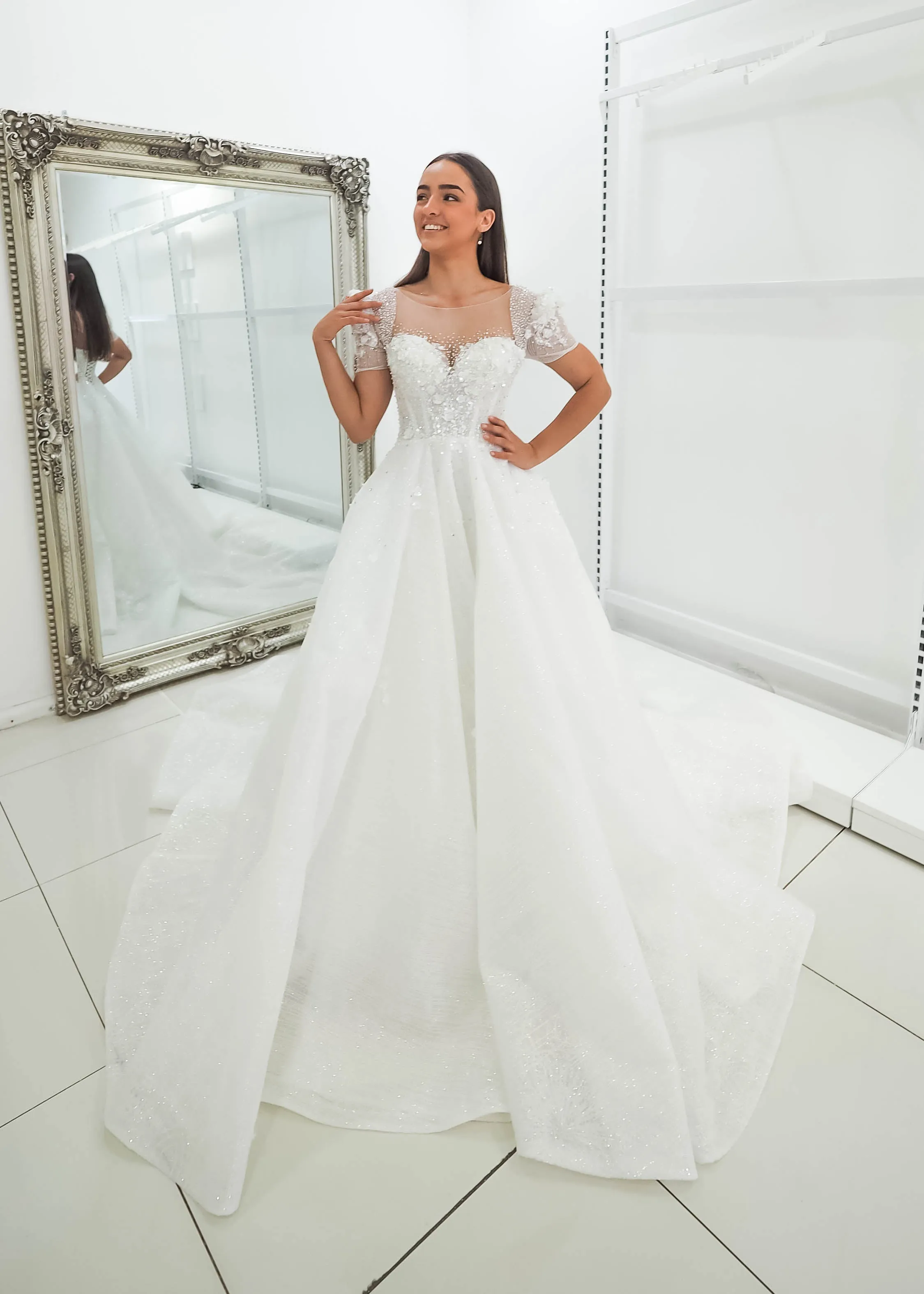 White Flowery lace with 3D flowers Wedding Dress with short shoulder sleeves